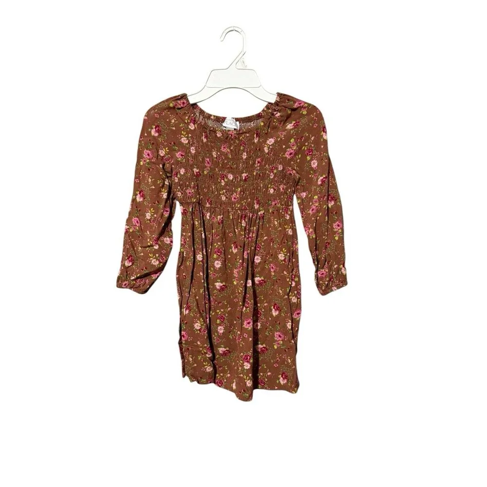The Childrens Place Floral Smocked Dress Girls Size 5T Brown Pink - Picture 1 of 4